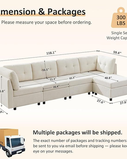 VANOMi 118" Modular Sectional Sofa with Ottoman, 4 Seater Cloud Sofas & Couches, Cozy Chenille Sectional Couches for Living Room, Apartment, Office, White, L Shaped