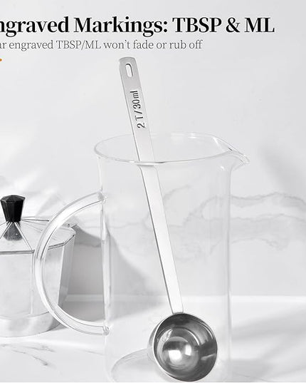 Long Handle Coffee Scoop: 8.6 Inch 18/8 Stainless Steel 2 Tablespoon Metal Measuring Spoon Tbsp Scoop for Coffee Beans, Grounds Coffee, Coffee Powder, Tea, Tall Jars (2Tbsp/30ml)