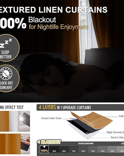 IVAPUPU Linen Pinch Pleated Blackout Curtains for Bedroom - Full Black Out Gold Curtains 90 Inch 2 Panels Set for Living Room Darkening Thermal Window Curtain Drapes with 16pc Hooks