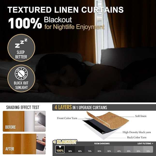 IVAPUPU Linen Pinch Pleated Blackout Curtains for Bedroom - Full Black Out Gold Curtains 90 Inch 2 Panels Set for Living Room Darkening Thermal Window Curtain Drapes with 16pc Hooks