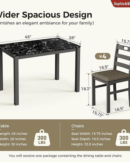 Sophia & William 5 Piece Dining Table Set for 4, Faux Marble Kitchen Table and Chairs Set, Solid Wood Farmhouse Dinner Table Set,Veined Black Marble & Gray