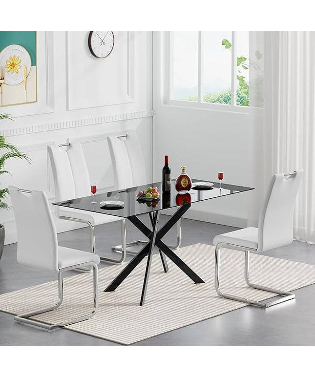 HomVent 5 Pieces Rectangular Glass Dining Table Set, Black Glass Dining Table for 4 Kitchen Table Set with 4 PU Dining Chairs for Kitchen Dining Room