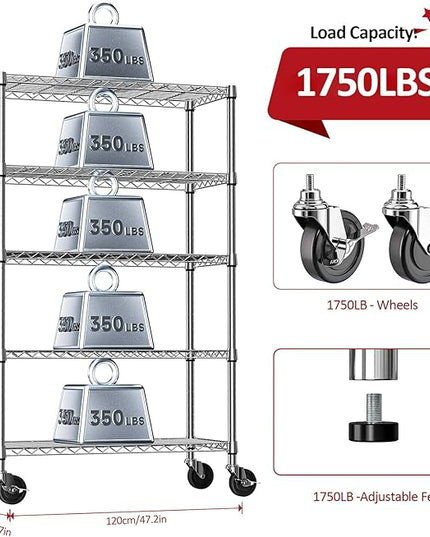 IZEUK 5-Tier Storage Shelving Unit with Wheels, Adjustable Heavy Duty Steel Wire Rack Organizer (Chrome, 17.7" D x 47.2" W x 76.7" H, 1750 lbs Capacity) for Garage, Kitchen, Pantry, Laundry, Basement