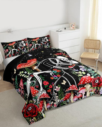 Mushroom Kids Comforter Set Twin Size,Sun Moon Starry Sky Romantic Bedding Set,Boys Girls Adults Room Decor,Butterfly Skeleton Flowers Boho Down Comforter,Red Trippy Duvet Insert,1 Pillowcase