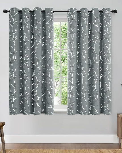 BUHUA Blackout Curtains for Bedroom Livingroom Window Curtains Panels Thermal Insulated Windproof Elegant Tree Branches Silver Print 52W x 54L, Light Grey, 2 Panels