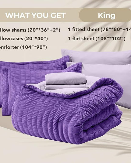 HYMOKEGE Dark Purple/Lavender King Size Comforter Set Seersucker 7 Pieces, All Season Luxury Bed in a Bag for Bedroom, Bedding Set with Comforter, Sheets, Pillowcases & Shams