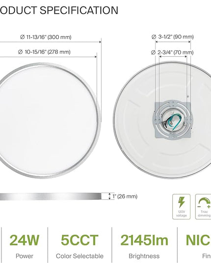 ASD LED 12" Round Flush Mount Ceiling Light Fixture, Low Profile Surface Lighting | 5CCT, Dimmable, Ultra-Thin, ETL Listed | 24W 1900LM 2700-6000K 120V | Kitchen, Bedroom, Hallway Lamp | Nickel