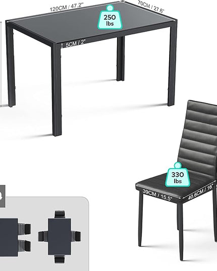 Gizoon 5 Piece Glass Dining Table Set, Kitchen and Chairs for 4, PU Leather Modern Room Sets for Home, Kitchen, Living Room
