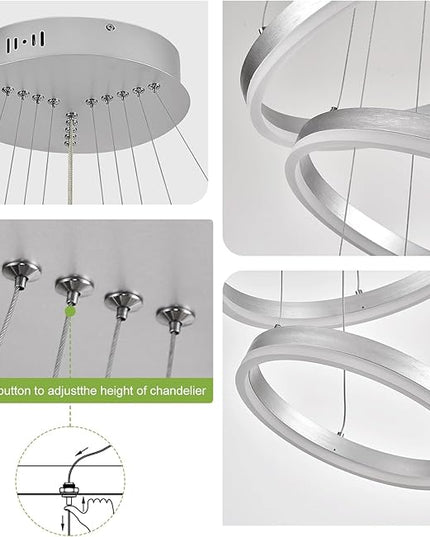 5-Rings Modern LED Chandelier Silver High Ceiling Chandelier with Remote Control Dimmable Pendant Lighting for Dining Room Foyer Living Room Entryway Staircase(3000K-6500K, D23.6’’)