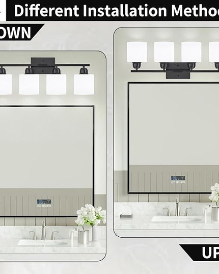 4-Light Black Bathroom Vanity Light, Light Fixtures with Milky White Frosted Glass Shades, Black Vanity Light for Bathroom Mirror, Bedroom, Living Room, Vanity Table, E26 Base