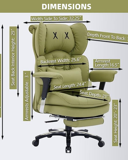 Efomao Big and Tall Office Chair with Footrest – High Back Computer Chair with Adjustable Armrests，Executive Office Chair with Wide Seat, Modern Desk Chair for Home Office, Gaming, or Study, Green