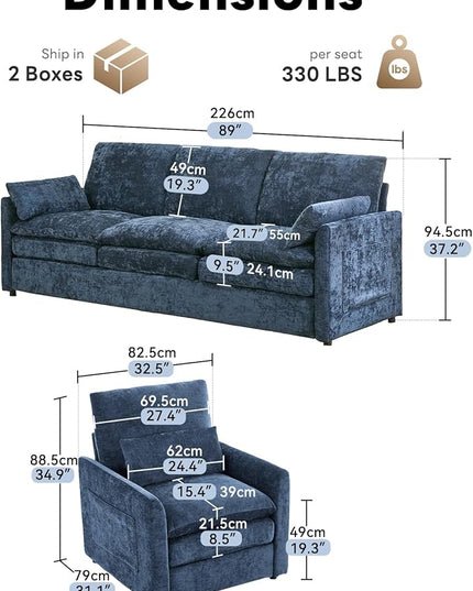 Tbfit Living Room Furniture Set, Standard Sofa & Accent Chair, Modern Comfy Cloud Sofa Set, Spring Seat Cushions, Chenille Fabric, Blue