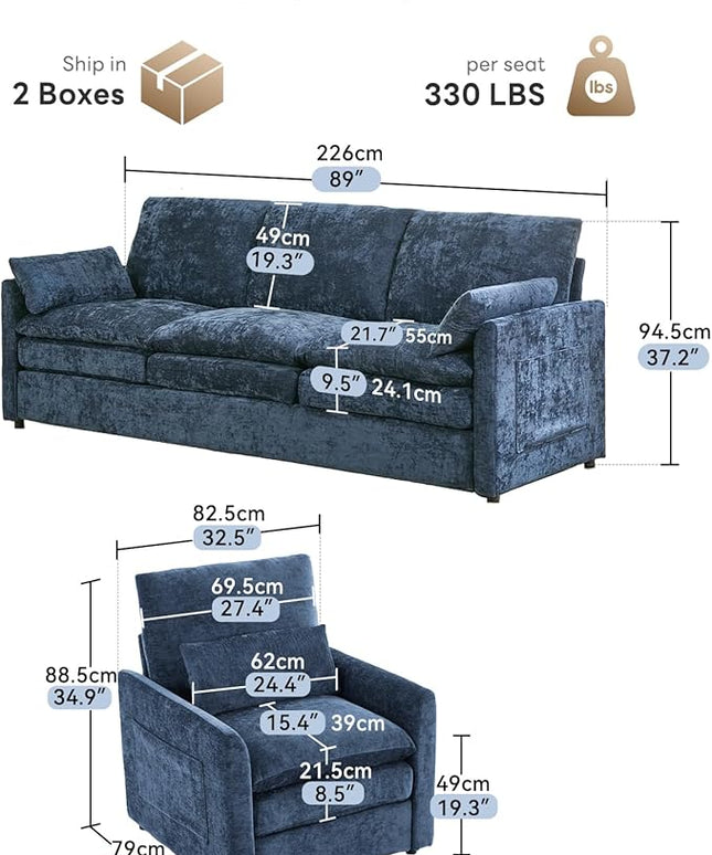 Tbfit Living Room Furniture Set, Standard Sofa & Accent Chair, Modern Comfy Cloud Sofa Set, Spring Seat Cushions, Chenille Fabric, Blue