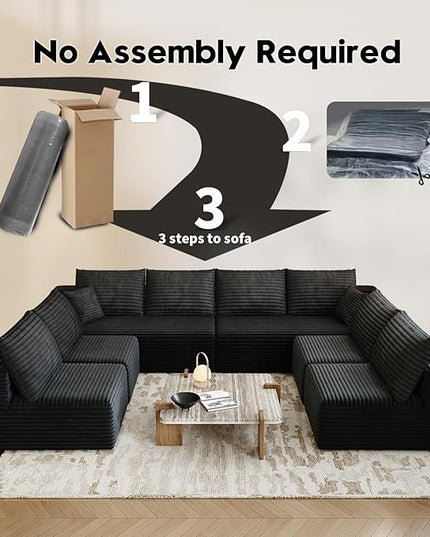 139.4" Modular Sectional Sofa Couch, Oversized U-Shaped Minimalist Couches with 4 Middle Seats Chaise, Modern Deep Seat Cloud Plush Corduroy Sofas Set for Living Room, 8 Seater, Black