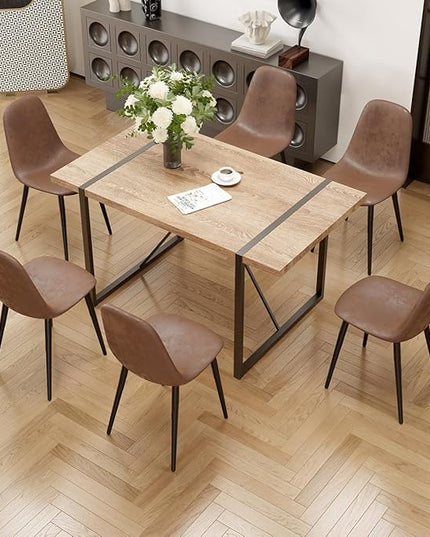 7 Piece Dining Table Set for 6,Modern 55'' Rectangle Wood Dining Table and Fabric Dining Chairs 6,Kitchen Table and Chairs for 6,Ideal for Kitchen Dining Room
