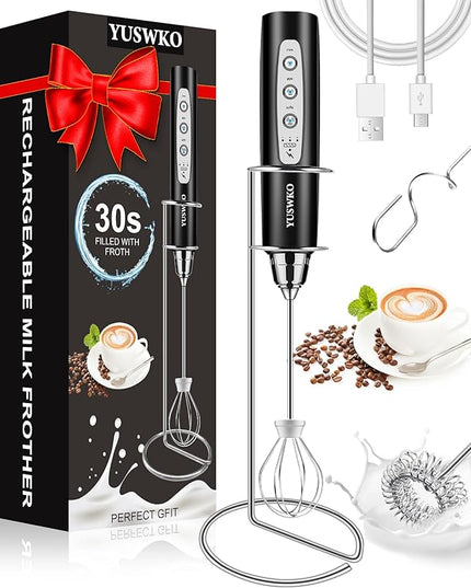 YUSWKO Milk Frother Handheld for Coffee with Stand, Rechargeable Drink Mixer with 3 Heads 3 Speeds Electric Coffee Frother Whisk, Gift for Many Occasions and Festival