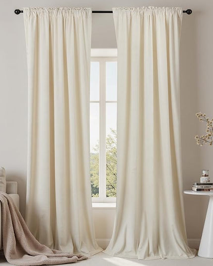 108 Inch 9FT 9 FT Extra Long Velvet Curtains High Ceiling Drapes for Rail Track System with Hooks Cream 9 Foot Semi Black Out Blackout Curtain Living Room Bedroom 2 Panels Set Single Pinch Pleated