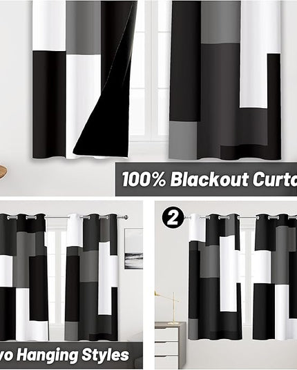 Black Grey Short Blackout Curtains 45 inch Length 2 Panels Set White Grey Modern Abstract Geometric Drapes for Kitchen Black Out Curtains Insulated Room Darkening Small Window Curtains, 42Wx45L