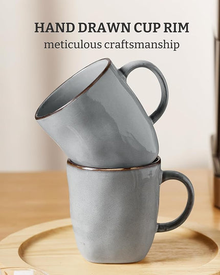 famiware Coffee Mugs Set of 4, Ocean Square 13oz Coffee Cup Set with Handle for Cocoa, Milk, Hot Chocolate, Tea, Water, Stoneware Cups for Kitchen, Microwave and Dishwasher Safe, Grey
