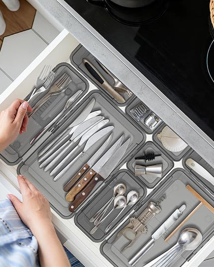 14 Pcs Adjustable Clear Drawer Organizer, Extendable Vanity Storage Bins, Desk Drawer Organizer Set for Makeup, Cosmetics, Bedroom, and Gadgets, Black