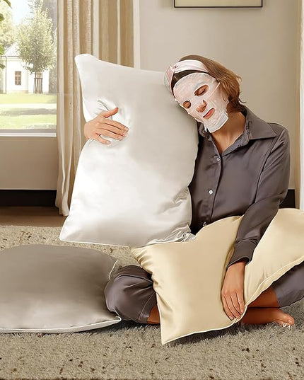 BHZ White Satin Goose Down Feather Pillows Queen Size Set of 2 with Pillowcase for Hair and Skin, Cooling Pillow Cases Similar to Silk Pillow Cases, Decorative for Women, Mom Men