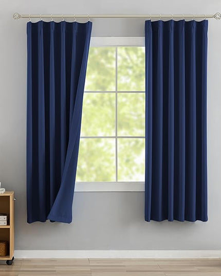 DONREN Navy Pinch Pleated Blackout Curtains with Hooks - 63 inch Length Room Darkening Thermal Insulated Short Window Curtain Panels for Bathroom Kids Room 2 Panel 40" Wx63 L