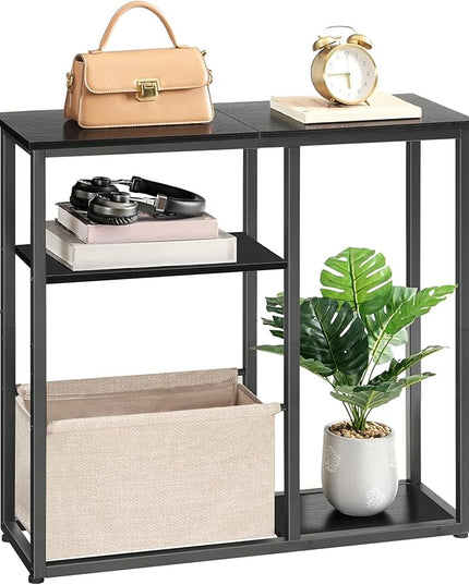 HOOBRO 30" Console Table with Linen Storage Basket, Small Entryway Table with 3-Tier Storage Shelves, Sofa Table, Behind Couch Sofa Table, Narrow Hallway Table, Black and Beige BF60XG01
