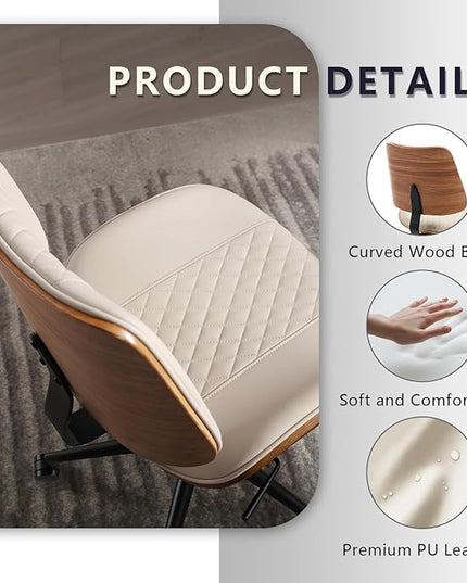 Home Office Chair No Arms with Wheels, Adjustable Height Small Desk Chair, PU Leather Mid Back 360 Swivel Computer Chair, Armless Modern Walnut Chair for Office, Reading Meeting Room(Beige)