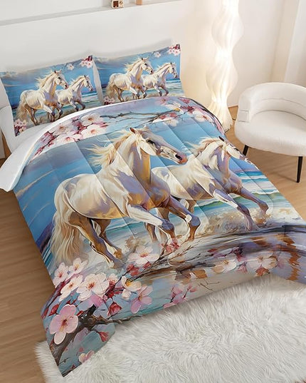 Western Farmhouse Horse Comforter Set,Pink Cherry Blossoms Bedding Sets for Kids Teens Girls Room Decoration,Coastal Beach Theme Bedding King Size Comforter Sets for Girls with 2 Pillowcases.