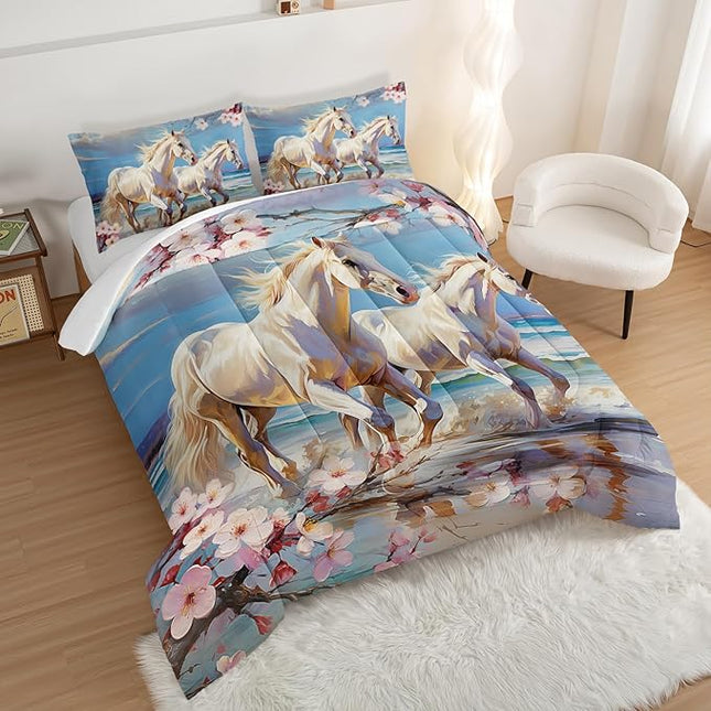 Western Farmhouse Horse Comforter Set,Pink Cherry Blossoms Bedding Sets for Kids Teens Girls Room Decoration,Coastal Beach Theme Bedding Full Size Comforter Sets for Girls with 2 Pillowcases.