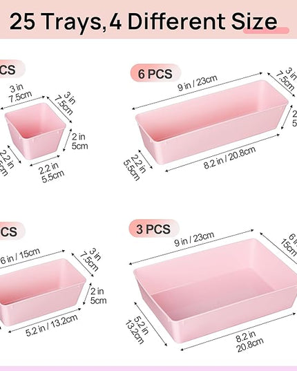 Vtopmart 25 PCS Plastic Drawer Organizers Set, 4-Size Versatile Bathroom and Vanity Drawer Organizer Trays, Storage Bins for Makeup, Bedroom, Kitchen Gadgets Utensils and Office