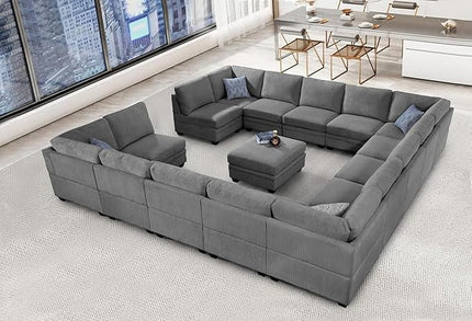 Legend Vansen Oversized Modular Sectional Sofa,16 Seat U Shaped Couch with Ottoman,Corduroy Sofa with Deep Seat,Convertible Large Sectional Couches for Living Room(Grey, U-16)