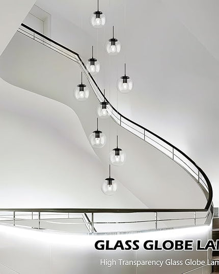 KoKo&Yukina 9-Light Globe Glass Pendant Light Adjustable Length Pendant Lights Fixtures Modern Black Clear Globe Glass Chandelier High Ceiling Lights Fixtures for Foyer Staircase (Bulb & Remote Incl)