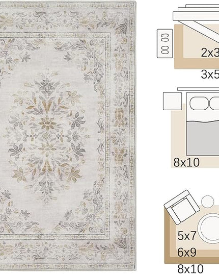 jinchan Floral 2x3 Rug for Entryway - Vintage Washable Area Rug Ultra-Thin Low Pile Soft Small Non Slip Distressed Indoor Door mat Accent for Entrance Kitchen Bedroom Bathroom (2x3ft, Light Grey)