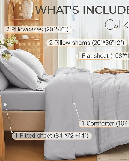 MUXHOMO 7 Pieces California King Comforter Set, Seersucker Bed in a Bag Cal King Size, All Season Luxury Bedding Set with Comforter, Flat Sheet, Fitted Sheet, Pillowcases & Shams, Light Grey