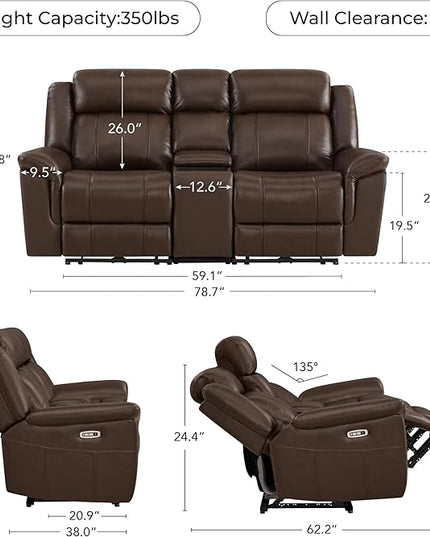 CHITA Genuine Leather Power Recliner Sofa, Wall Hugger Reclining Loveseat with Console, Power Headrest, Charging Ports, Reclining Sectional Couch for Living Room, RV, Dark Brown