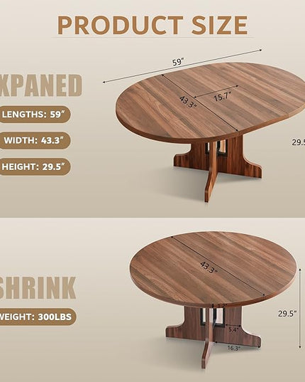 iPormis 59" Round Extendable Dining Table for 4-6, Modern Kitchen Table with Heavy Duty Pedestal Base & Wooden Top, Oval Dining Room Table for Dining Living Room, Easy Assembly, Walnut