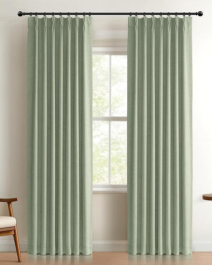 100% Blackout Shield Linen Look Textured Pinch Pleated Curtains Blackout Drapes 84 Inch Long 2 Panels Set, Faux Linen Blackout Curtains for Bedroom & Living Room, 40" W x 84" L, Sage Green
