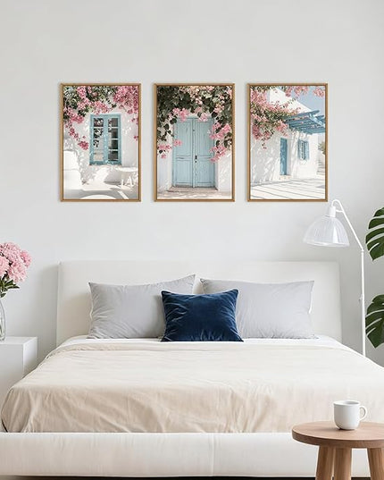 HOURIA Modern Greek Island Cityscape Framed Canvas Wall Art Set,European White House Blue Door Shutter Landscape Wall Decor,Santorini Natural Pink Flower Artwork for Living Room, Bedroom-24 x36 x3