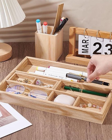 PH PandaHall 2pcs Wooden Desk Organizer Tray with Pen Holder Table Storage Box Drawer Organizer Tray Keys Watch Pencil Divided Trays for Home Office School Workspace Organization Desktop Accessories