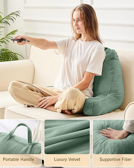 Sasttie Reading Pillow, Velvet Back Pillow for Bed Sitting Up, Adult Back-Rest Support Cushion with Arms for Sit Up on Couch, Sofa, and Floor, Dorm Essentials, Reading Accessories, Sage