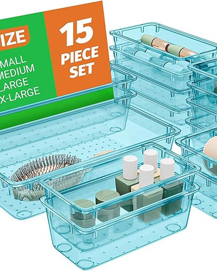 15 PCS Clear Plastic Drawer Organizer Set, 4-Size Acrylic Drawer Storage Trays, Storage Bins for Makeup, Gadgets, and Jewelry in Bathroom, Bedroom and Office, Clear Sea Blue