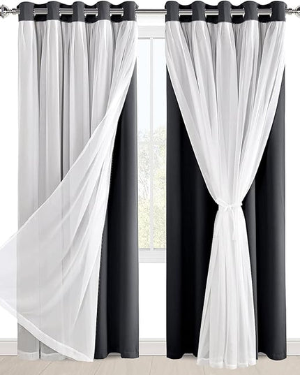 Hiasan Black Blackout Curtains with Sheer Overlay, Grommet Thermal Insulated Mix & Match Double Layer Window Curtains for Bedroom, Living Room, 2 Drape Panels Sewn with Tiebacks, 60W X 84L