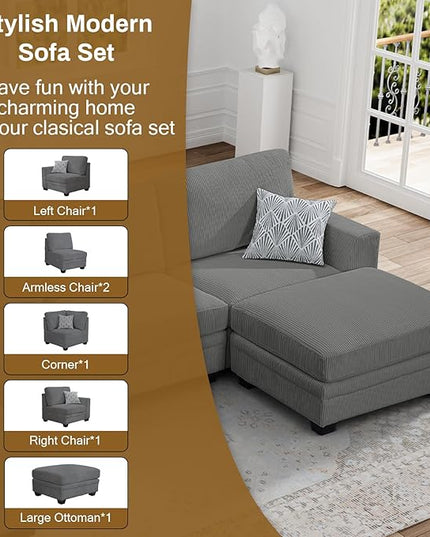 Legend Vansen Oversized Modular Sectional Sofa,6 Seat U Shaped Couch with Ottoman,Corduroy Sofa with Deep Seat,Convertible Large Sectional Couches for Living Room (Grey, L-6)