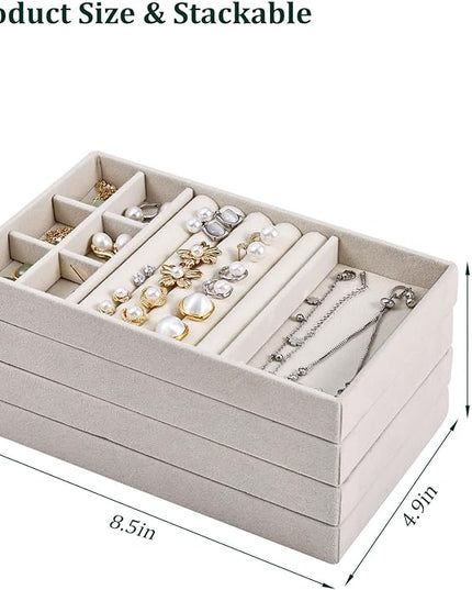 Stackable Jewelry Organizer Trays with Removable Dividers, 6-Tray Beige Jewelry Drawer Organizer Set for Earrings, Necklaces, Rings & Bracelets Gift for Her