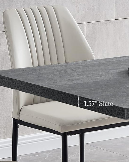 ZckyCine 6-8 People Modern Rectangular Kitchen Dining Table Extendable Dining Table Set for 6, 63–79 inch, Space-Saving Gray Table with 6 White PU Leather Cushioned Chairs, Metal Frame, Easy Assembly