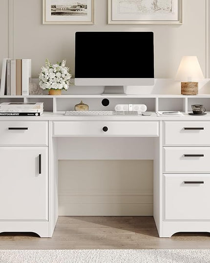 Executive Desk with Hutch, 58 Inch White Computer Desk with 5 Drawers, Home Office Desk with Storage, Rustic Desk with Adjustable Shelves and Storage Cabinet for Bedroom