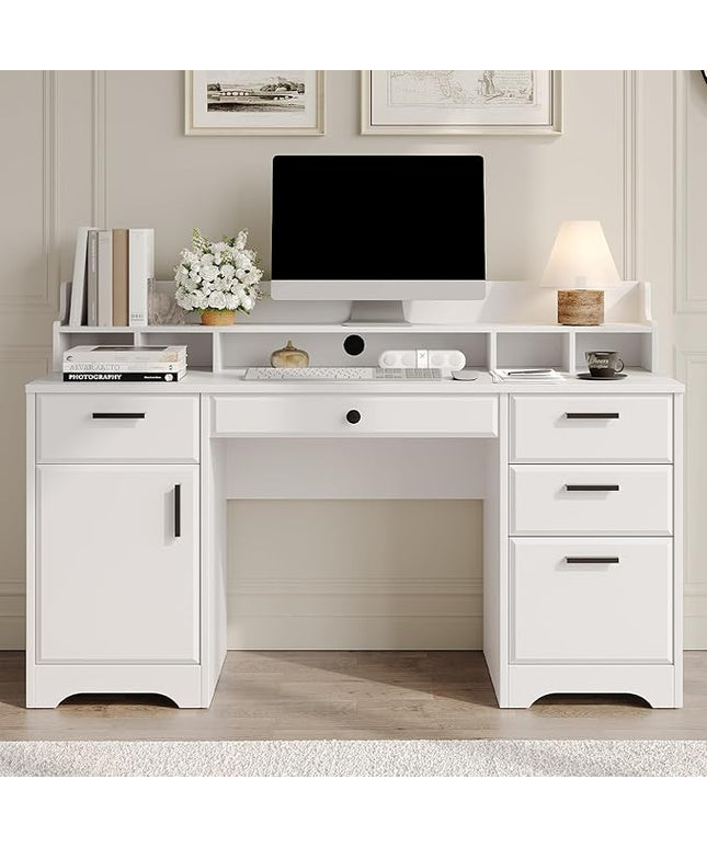 Executive Desk with Hutch, 58 Inch White Computer Desk with 5 Drawers, Home Office Desk with Storage, Rustic Desk with Adjustable Shelves and Storage Cabinet for Bedroom
