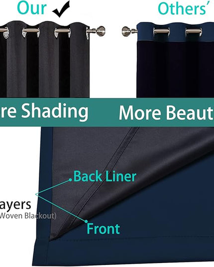 Yakamok 100% Blackout Lined Panels, Room Darkening Thermal Insulated Blackout Curtains for Bedroom, Heat Blocking Drapes for Living Room(62Wx84L, Navy Blue, 2 Panels)