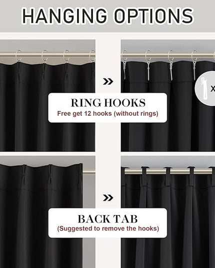 DONREN Black Pinch Pleated Blackout Curtains with Hooks - 104 inch Length Room Darkening Thermal Insulated Window Curtain Panels for Living Room Bedroom 2 Panel 40" Wx104 L
